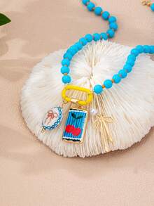 1 /3pcs Summer Ocean Layered Beaded Charm Necklace For Women, Multi‑Strand Colorful Bead Choker Seahorse Shell Cherry Enamel Pendant Vacation Jewelry - Multicolor - View 20