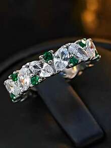 1 Pair Marquise Cut Green Crystal Eternity Band Ring Mixed Sparkling Faceted Stones Stackable Statement Fashion Jewelry Gift For Women - Minimalist Leaf-shaped Ring - View 2