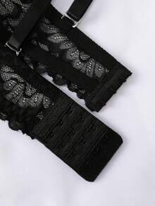 Lace Full Coverage Side Support Bra Set, Adjustable Thin Strap Bra, Matching Underwear Set - Black - View 5