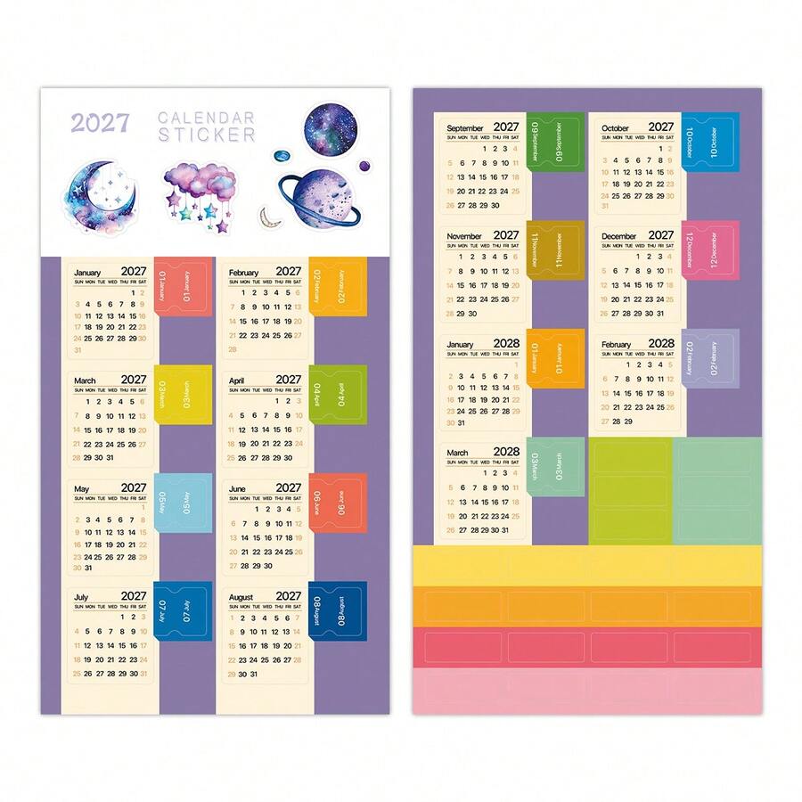 2 Sheets 2027 Calendar Stickers, Monthly Planner Stickers For Notebooks, Scrapbooks And Journals, 2027-2028 Monthly Calendar Self-Adhesive Index Divider Tabs, Notebook Index Stickers - C - View 1