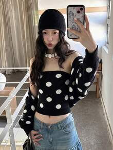 秋冬極簡波點針織抹胸上衣與慵懶長袖開襟衫女款兩件套 - 黑色 - 查看 6