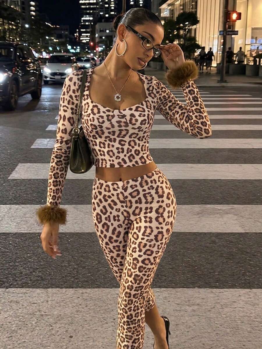 Women's Leopard Print Two Pieces Outfit Set - Square Neck Feather Trim Crop Top & High Waisted Pencil Pants Knit Loungewear - Multicolor - View 1
