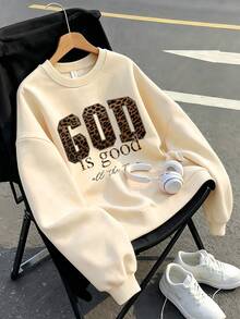 Plus Size Women's Inspirational Slogan Print Crew Neck Lightweight Sweatshirt, Autumn/Winter Crew Neck Sweatshirt, Comfortable Style With Pattern Top, Comfortable Top, Suitable For Spring/Autumn/Winter School/Sports/Outdoor Activities, Versatile Sweatshirt, Daily Wear - Apricot - View 1