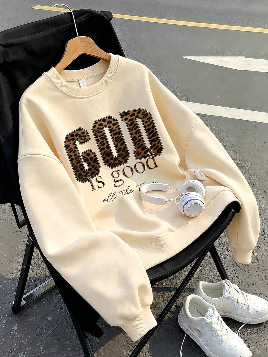 Plus Size Women's Inspirational Slogan Print Crew Neck Lightweight Sweatshirt, Autumn/Winter Crew Neck Sweatshirt, Comfortable Style With Pattern Top, Comfortable Top, Suitable For Spring/Autumn/Winter School/Sports/Outdoor Activities, Versatile Sweatshirt, Daily Wear - Apricot - View 1
