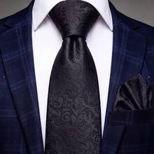 Men's Tie Set, Classic & Fashionable Tie & Pocket Square Set, Suitable For Weddings, Business And Banquets - Black - View 3