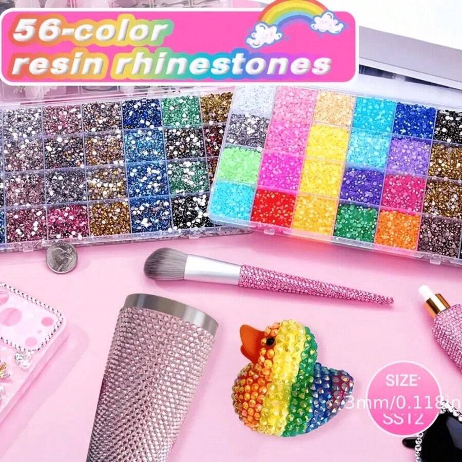 56 Colors Nail Art Rhinestones, 3mm Flat Back Glass Diamonds With - Multicolor - View 1