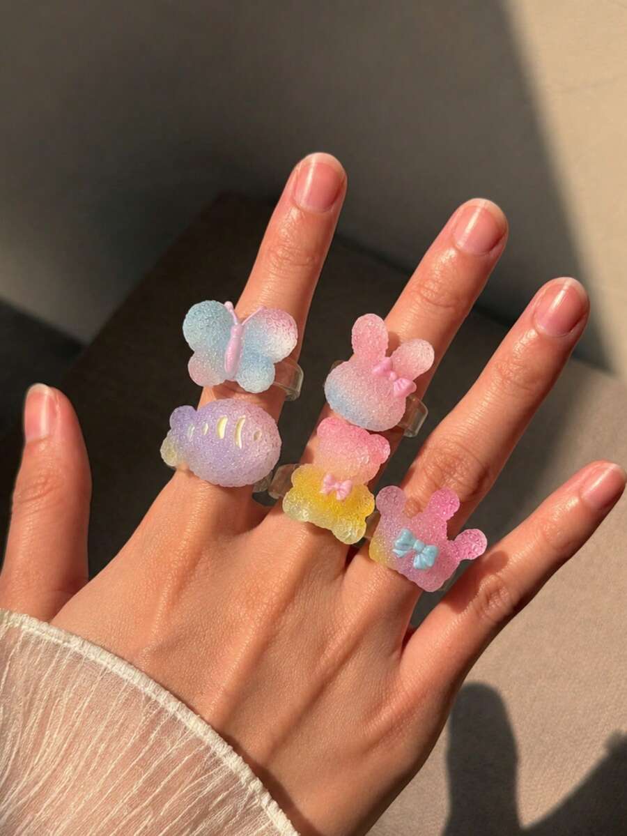 5件組創意趣味可愛時尚優雅獨特設計精緻魚朵蝴蝶皇冠彩色樹脂戒指組,適合日常配戴、假日派對珠寶 - 彩色 - 查看 1