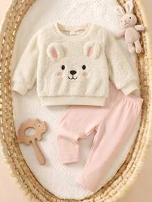 Baby Girl Beige 3D Rabbit Ear Plush Sweatshirt & Light Pink Slim Fit Leggings, Soft Cute 2 Pieces Set For Autumn/Winter - Pink - View 2