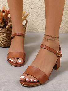 1 Pair Women's Brown Open Toe Ankle Strap Buckle Block Chunky Heel Summer Sandals, Two Strap Comfortable Dressy Heeled Shoes For Wedding Party Prom And Daily Wear - Brown - View 4