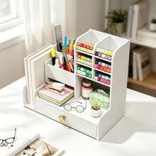 1pc Desktop DIY Pen Holder Storage Box, Multi-Functional Office Supplies Stationery Box, Large Capacity Student Wood-Plastic Pen Rack Organizer - White - View 9