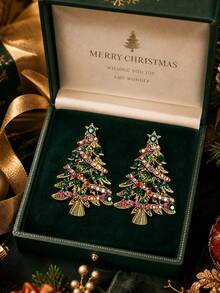 2pcs Colorful Rhinestone Christmas Tree Brooch Set, Versatile Lapel Accessory For Coat, Scarf, Backpack, Christmas Gift - A - View 4