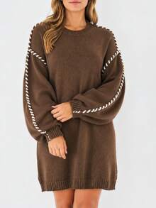 Women's Plus Size Brown Long Ribbed Knit Pullover Sweater, White Stitching Detail, Round Neck Long Drop Shoulder Sleeve Winter Knitwear - Coffee Brown - View 7