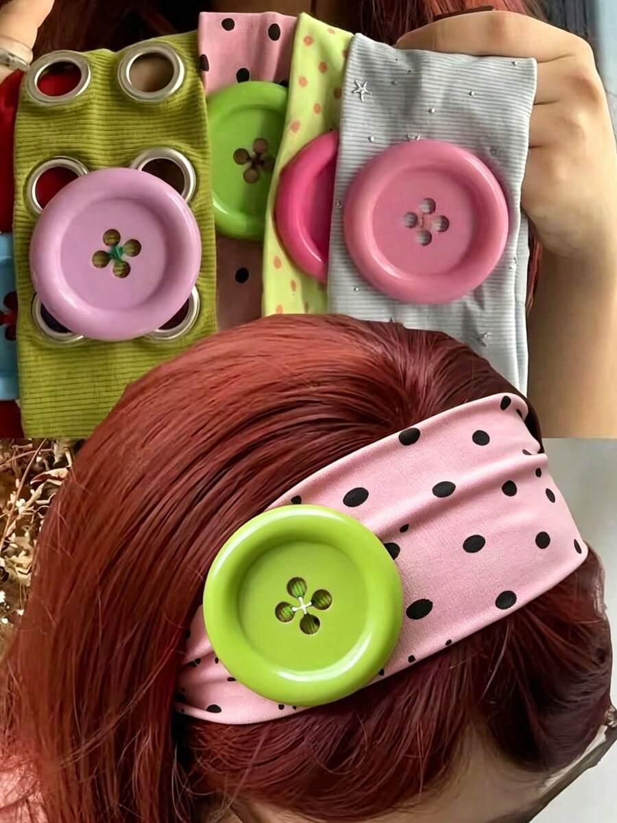 Cute Polka Dot Decorative Button Headband, Non-Slip Elastic Hairband, Y2K Style Women's Daily Hair Accessory, Suitable For Daily, Makeup, Street Style, 1pc