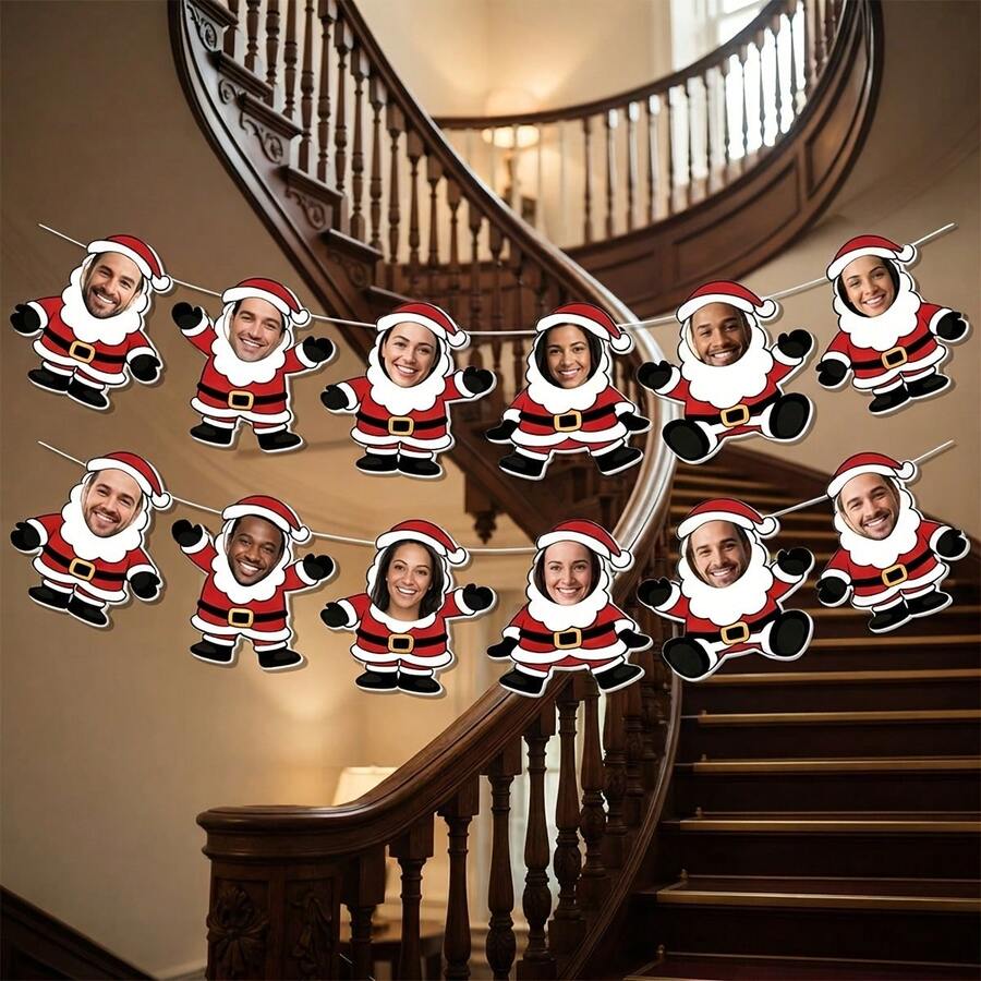 2-Strand DIY Photo Santa Claus Paper Banner Garland, Blank Photo Insert Santa Claus Hollow Hanging Decor Wreath, Christmas Multi-Purpose Wall Hanging Decoration, Suitable For Party, Fireplace And Window Decoration - A - View 1
