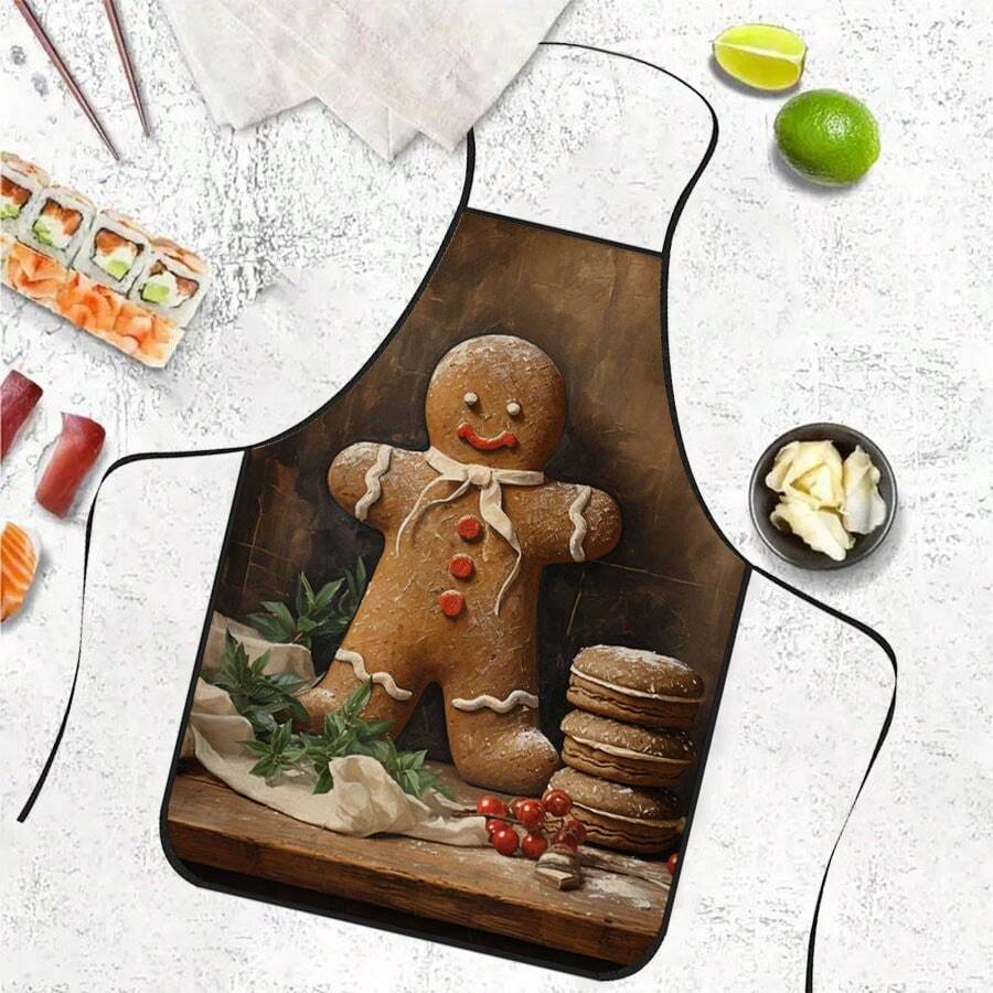 1pc Christmas Vintage Oil Painting Gingerbread Man Print Apron, White Ribbon Frosting Gingerbread Man With Cookie Berry Greenery Pattern, Durable Cooking Apron Suitable For Bakers, Cake Decorators, Baking Enthusiasts, Vintage Atmosphere Christmas Holiday Gift - Multicolor - View 1