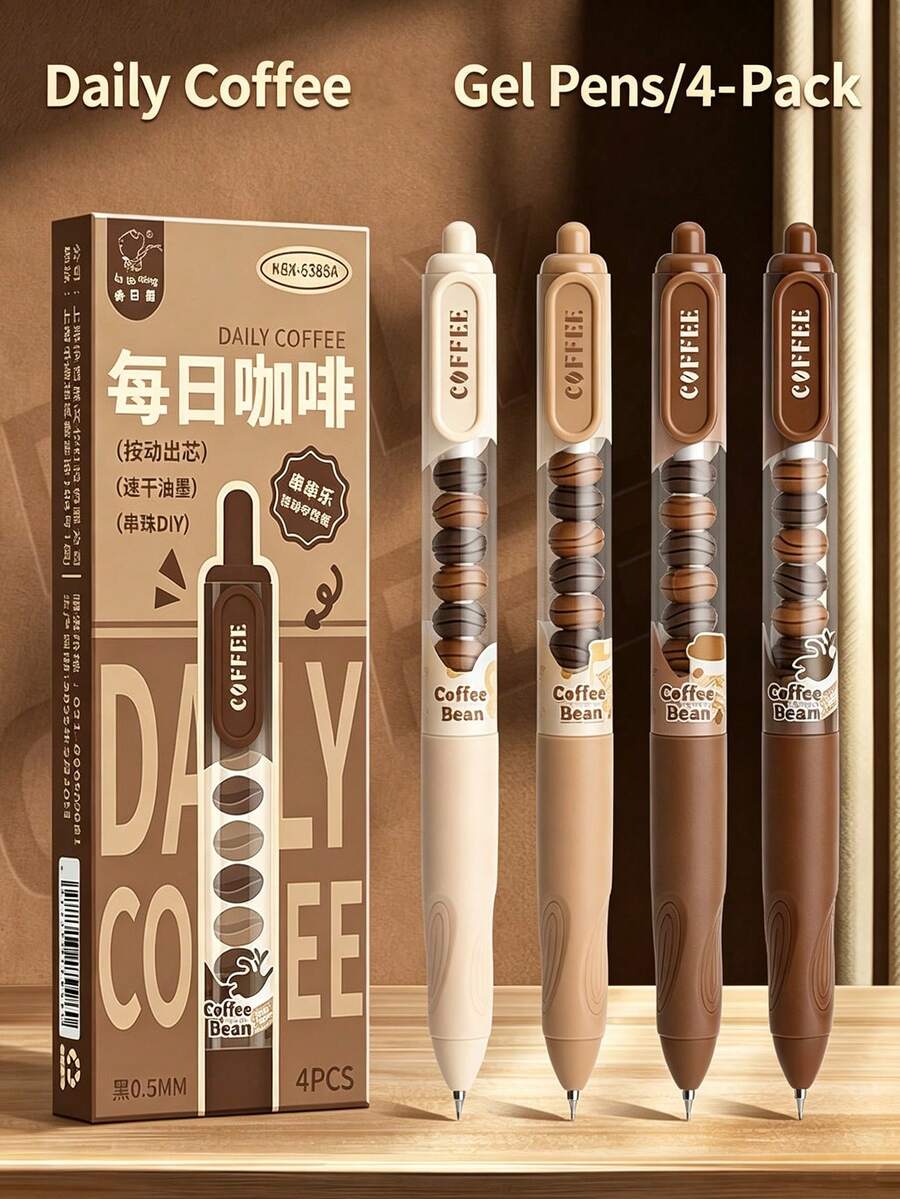 1/4pcs Daily Coffee DIY Beaded Clickable Neutral Ink Pens, Quick-Dry Black Ink Ballpoint Pens, Soft Grip Ergonomic Highly Attractive Student Writing Stationery, Learning Supplies, Back To School Gift For Friends - Coffee Beans - View 1