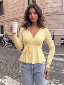 Elegant Fashion Cross V-Neck Waist Tie Design Women's Long Sleeve Top, Autumn/Winter New Style, Suitable For Daily Commute Wear - Yellow - View 2