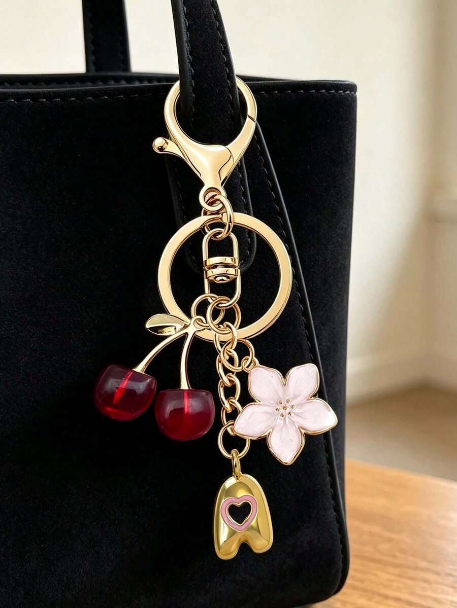 甜美櫻桃櫻花字母鑰匙圈，優雅女性包飾吊飾，愛心泡泡字母，櫻花吊墜，汽車鑰匙吊飾，包包配件，生日禮物