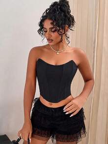 Women's Vintage Strapless Mesh Semi-Sheer Corset Bustier Tank Top With Lace-Up Back, Sexy Body Shaping Top Suitable For Outings, Music Festivals, Valentine's Day, Halloween - Black - View 5