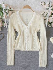 Elegant White Lace Knit Cardigan, Pure Sweet V-Neck Long Sleeve Women's Sweater, Daily Wear - Apricot - View 7