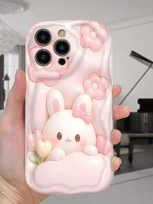Clear Wavy Curved Edge Phone Case, Rabbit Design Purple Rhinestone Style 2D Embossed Floral Pattern, Transparent Shockproof Soft TPU Protective Cover With Raised Camera Lens Frame, Compatible With Apple 11, 12, 13, 14, 15, 16, 17 Pro Max, Designed For Girls And Women Coquette Aesthetic Raised Lens Protection Case Suitable For Galaxy, Honor, Phones - White - View 6