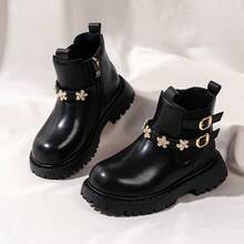 Girls' PU Leather Ankle Boots With Rhinestone Flower Decor, Metal Buckle, Side Zipper, Non-Slip Thick Sole, Ankle Boots Suitable For Daily School, Party, Wedding - Black - View 5