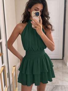 Elegant Fashion Halter Neck Backless Layered Ruffle Mini Dress - Wedding Party Fall - Dark Green - View 9