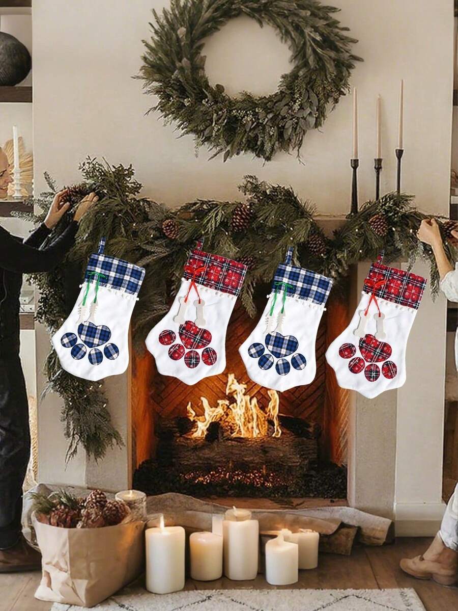 1/2 Pcs Plaid Hanging Christmas Stockings With Paw Heart Design, Baby ...