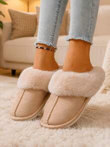 New Thick Plush Home Slippers, Unisex, Warm Fashionable Comfortable, Non-Slip Closed Toe Indoor Slippers - Beige - View 3