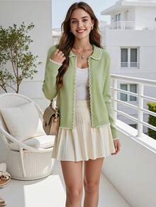 HOMEYEE Women's Soft Contrast Color Wavy Trim Lapel Knit Cardigan, Short Single-Breasted Slimming Petite Versatile Long Sleeve Sweater Jacket - Green - View 3