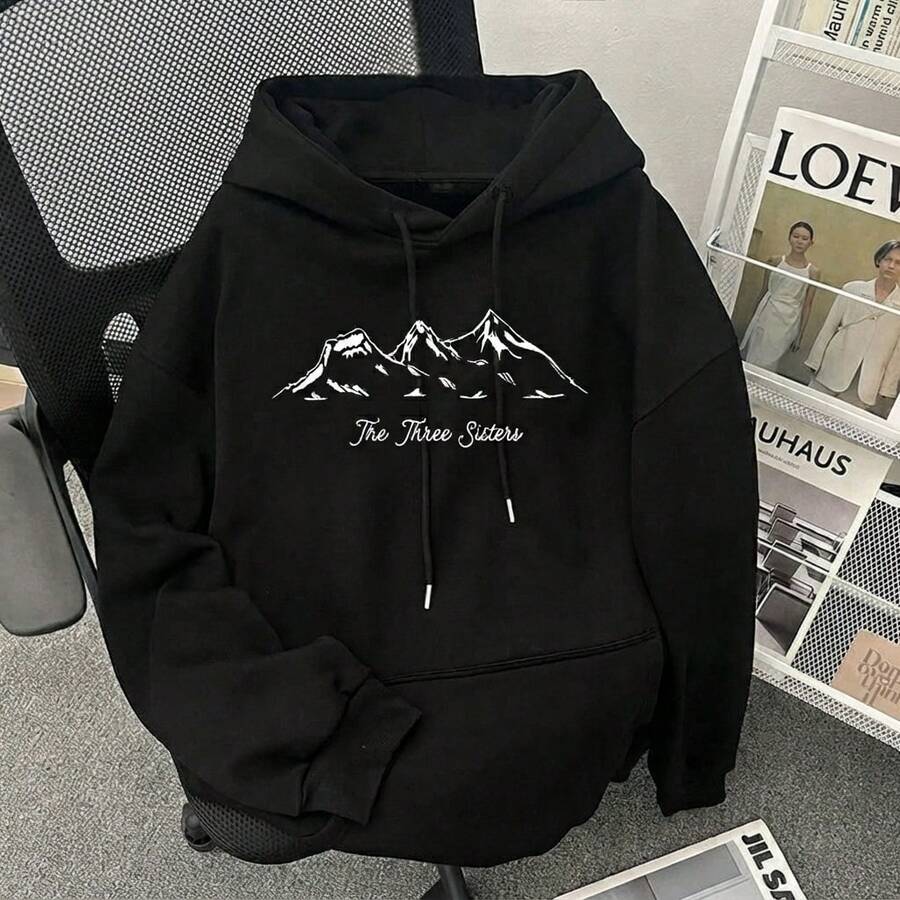Women's Black Hoodie,Printed With Mountain Scenery Pattern - "Three Sisters"Design,Long-Sleeved Pullover Shirt,Suitable For Spring/Autumn,Casual Sport - Black - View 1