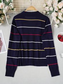 2026 Autumn Navy Blue Striped Polo Collar Knit Cardigan, Single-Breasted Metal Buttons, Slim Fit Short Length, Versatile For Commute And Daily Wear, Can Be Worn Alone Or Layered, Full Of Atmosphere - Navy Blue - View 9