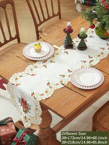 ABEST6522 Home&Living store 1件裝聖誕蠟燭與一品紅刺繡桌旗，鏤空花卉設計，復古聖誕餐桌裝飾，適合晚餐聚會、家庭聚會、居家節日裝飾 - 彩色 - 查看 3
