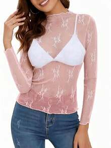 Women's Lace Mock Neck Mesh Long Sleeve Inner Layer Top - Pink - View 3