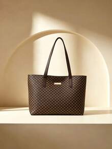 Men's Vintage Checkered Tote Bag Large Capacity Business Briefcase Shoulder Bag Multifunctional Work Office Laptop Handbag For Daily Commute Travel - Brown - View 1