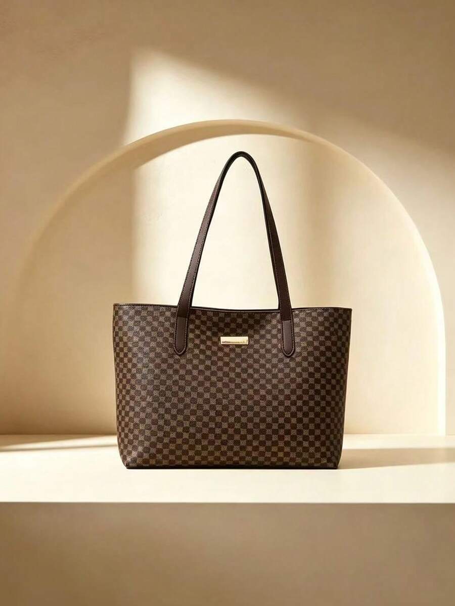 Men's Vintage Checkered Tote Bag Large Capacity Business Briefcase Shoulder Bag Multifunctional Work Office Laptop Handbag For Daily Commute Travel - Brown - View 1