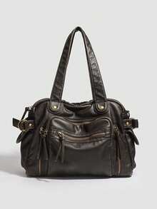 1pc Black Vintage Distressed Leather Multi-Zipper Pocket Handbag & Crossbody Bag, With Brass Hardware, Women's Casual Daily Commute Style - Multi-color - View 10