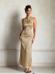 WOWDARK Champagne Satin Halter Backless Elegant Party Dress, Suitable For Valentine's Day, Dates, Gatherings, Parties, Travel, Vacation, Beach And Other Occasions Wedding Spring - Champagne - View 2