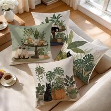 4pcs/1pc Green Plant Cat Pattern Pillow Case Without Insert, Single-Sided Printed Pillow Case, Suitable For Living Room Bedroom Home Decor, All-Season Pillow Case - Multicolor - View 6