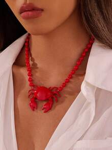 NAIZHU 1/2pcs Fashion Creative Red Crab & Fish Long Necklace, Suitable For Women's Daily, Party, Vacation Accessory - Red - View 7