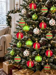 12pcs/Set Christmas Shatterproof Ball Ornament Set, 6cm Glitter Hanging Christmas Tree Balls, Red & Green Polka Dot Snowflake Christmas Tree Pattern Printed Pendants, Suitable For Holiday Party Home Fireplace Window Christmas Tree Decoration Gift - A - View 4