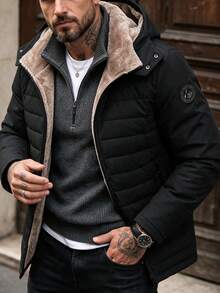 Men's Winter Casual Daily Stand Collar Detachable Hooded Fleece Jacket - Black - View 1