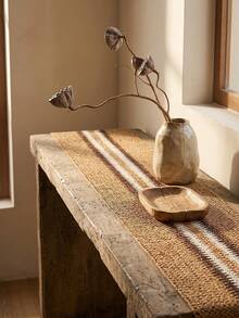 1pc Brown & White Wide Striped Table Runner, Natural Rustic Style, Long Rectangular Woven Texture Detail, Decorative Functional Tea Mat For Tea Room Decor And Natural Home Decor Scenes - Khaki - View 4