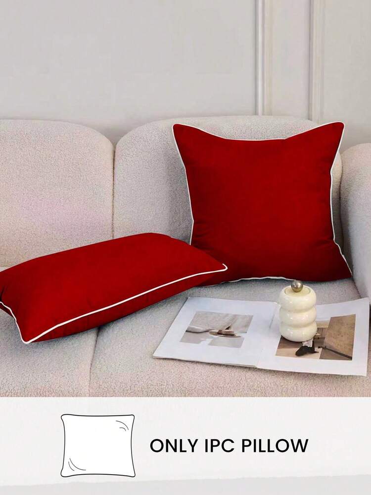 HONEYMOON 1pc Decorative Throw Pillow, 100% Polyester Fabric, Red With White Piping, Soft And Breathable, Shrink-Resistant, Machine Washable, Suitable For Living Room, Bedroom, Sofa Decoration - Red - View 2