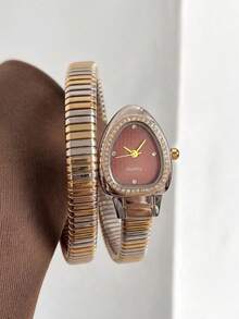 SOKI 1pc Women's Snake-Shaped Quartz Watch, Unique Cut Dial With Minimalist Rhinestone Inlaid Markers, Snake-Shaped Metal Band With Integrated Wrap Design. Summer Accessory, Hand Jewelry, Suitable For Various Occasions Like Festivals, Parties, Weddings, Back To School, Christmas, Thanksgiving, Halloween, Easter, Etc., Perfect Gift For Women - Two-tone Red - View 9