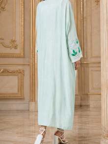 Women's Mint Green Long Kaftan Robe, Kimono Style Long Sleeve, Embroidered Details, Flowy Loose Woven Fabric Robe - Mint Green - View 2