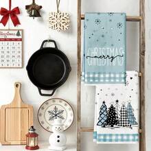 4 PCS Serbet Dapur Natal, Motif Kotak Biru Muda Salju & Pohon Natal, Serbet Tangan Teh Dekorasi Rumah Liburan Natal Meriah untuk Dapur - Baby Blue - View 9