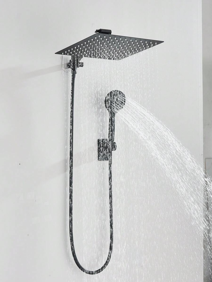 MC Cabezal de Ducha de lluvia Cuadrado Brazo de Ducha Plegable Ultrafino de 8 Pulgadas Desviador de 3 Velocidades Manguera de 150 cm Rociador de Mano de 5 Funciones Brazo Plegable de Aleación de Zinc Juego de Cabezal de Ducha Cuadrado - A-Negro - Ver 1