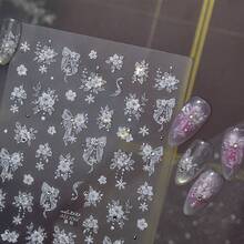 1件裝新款冬季夢幻5D 3D美甲貼紙，熱銷DIY美甲貼，冰花與蝴蝶結裝飾，美甲藝術DIY裝飾貼紙 - 白色 - 查看 6