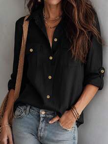Women's Black Long Sleeve Collared Shirt With Pockets, Versatile Regular Fit, Suitable For Autumn Wear - Black - View 6